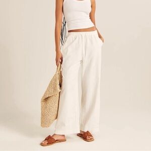 White Linen High Waist Drawstring Wide Leg pants